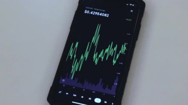 XLM 1 week chart on a black phone placed on a table