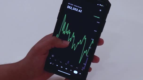 Woman Looking Btc Years Chart Black Smartphone — Video