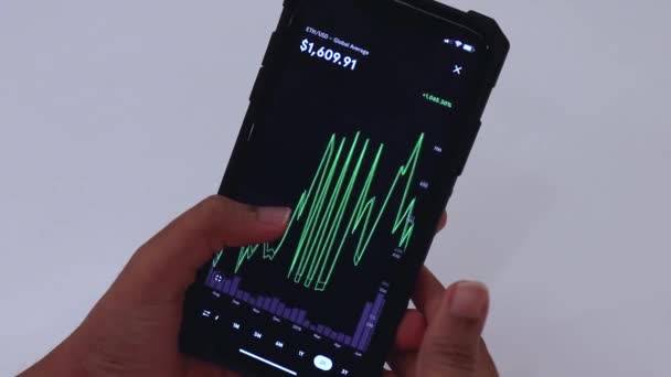 Woman Looking Eth Years Chart Black Smartphone — Stockvideo