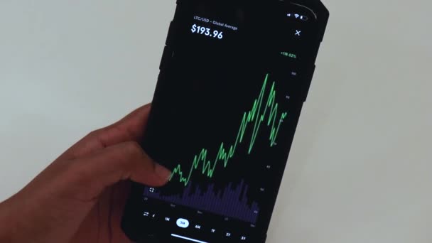Woman Looking Ltc Months Chart Black Smartphone — Stockvideo