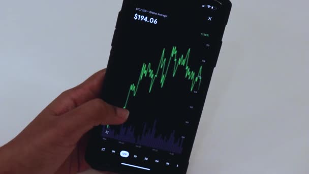 Woman Looking Ltc Hours Chart Black Smartphone — Stockvideo