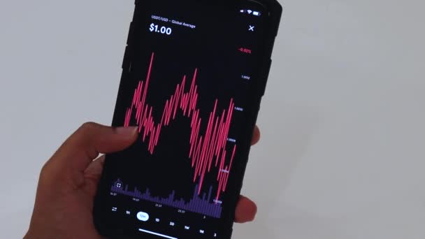 Woman Looking Tether Charts Cellphone — Wideo stockowe