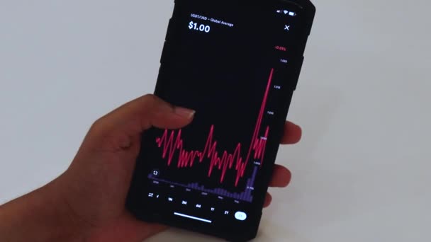 Woman Looking Usdt Years Chart Black Smartphone — Stockvideo