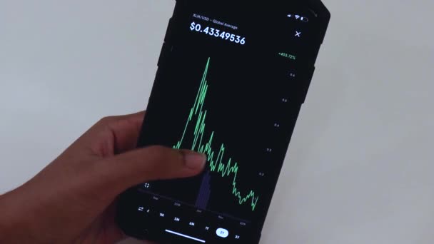Woman Looking Xlm Charts Phone — Stockvideo