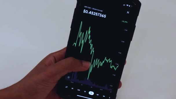 Woman Looking Xrp Days Chart Black Smartphone — Stockvideo