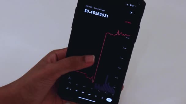 Woman Looking Xrp Charts Cellphone — Vídeo de Stock