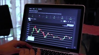 Woman going through BNB 14 days Candle Stick Charts on a Laptop