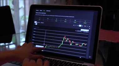 Woman going through BTC 30 days Candle Stick Charts on a Laptop