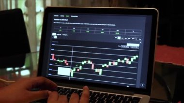 Woman going through DOT 7 days Candle Stick Charts on a Laptop