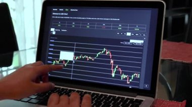 Woman going through ETH 30 days Candle Stick Charts on a Laptop
