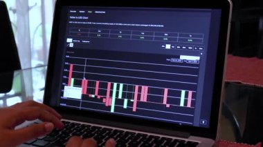 Woman going through USDT 7 days Candle Stick Charts on a Laptop