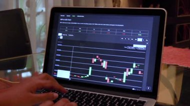  Woman going through XRP 180days Candle Stick Charts on a Laptop