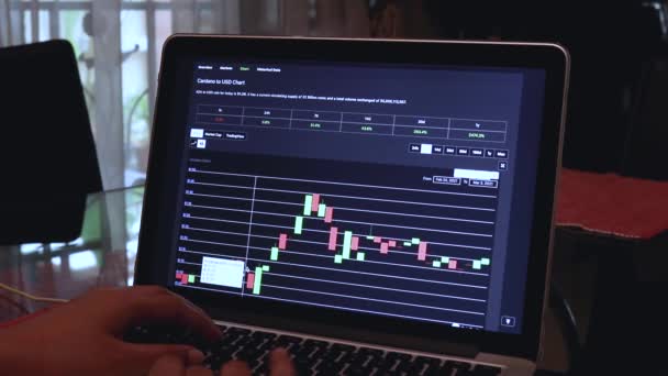 Woman Going Cardano Days Candle Stick Charts Laptop — Wideo stockowe