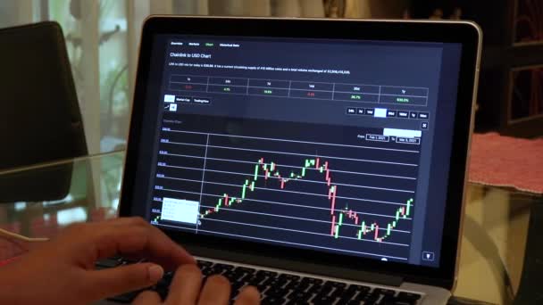 Woman Going Link Days Candle Stick Charts Laptop — Stock Video