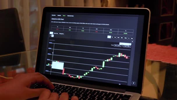 Woman Going Ltc Hours Candle Stick Charts Laptop — Wideo stockowe