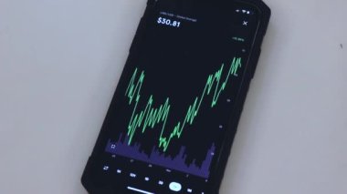 Link 1 week chart on a black phone placed on a table