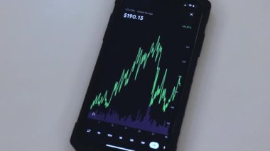LTC 1 Month chart on a black phone placed on a table