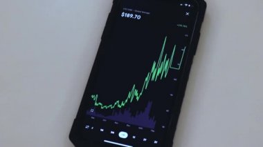 LTC 6 Month chart on a black phone placed on a table