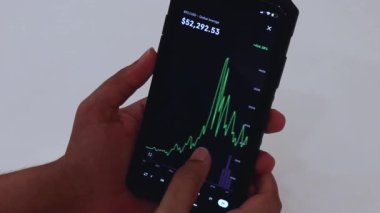 Woman looking through BTC 3 years chart on Black smartphone
