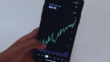 Woman looking through LINK 12 hours chart on Black smartphone