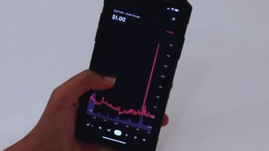 Woman looking through USDT 6 Months chart on Black smartphone