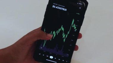 Woman looking through XLM 1 Day chart on Black smartphone