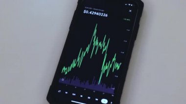 XLM 1 Month chart on a black phone placed on a table