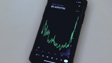 XLM Stellar chart on a black phone placed on a white table