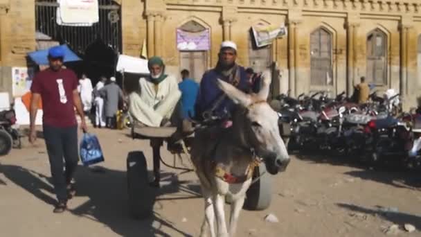 Carro Burro Moviéndose Hacia Con Gente — Vídeo de stock