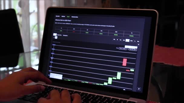 Girl Doing Research Binance Chart Laptop — стоковое видео