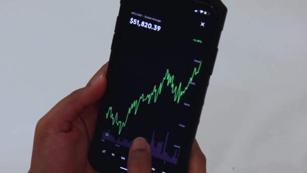 Woman Looking Bitcoin Day Chart Black Smartphone — Αρχείο Βίντεο