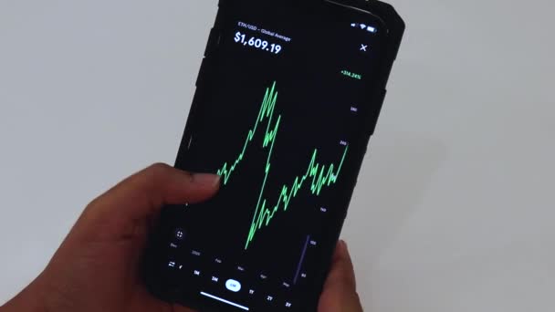 Woman Looking Eth Months Chart Black Smartphone — Vídeo de Stock