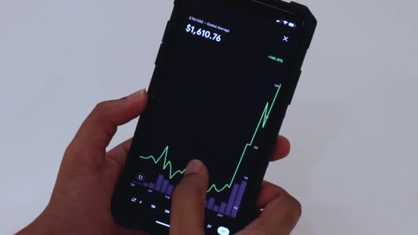 Woman Looking Eth Years Chart Black Smartphone — Stockvideo
