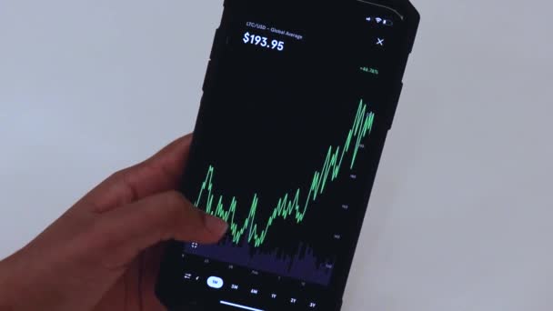 Woman Looking Ltc Month Chart Black Smartphone — стоковое видео