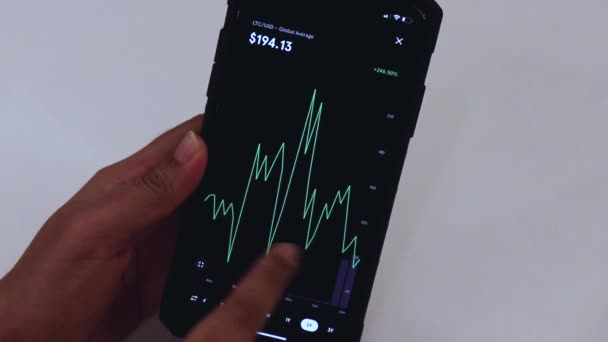 Woman Looking Ltc Years Chart Black Smartphone — Stock Video