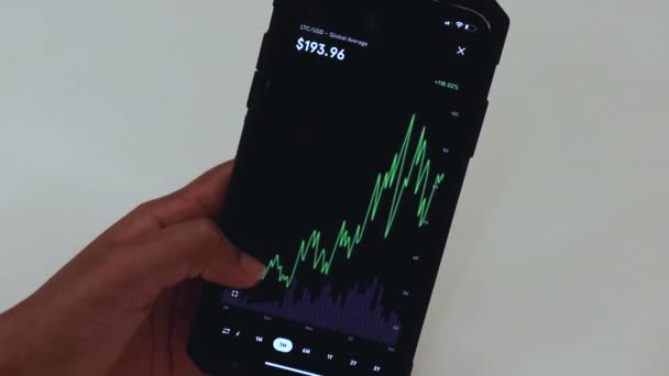 Woman Looking Ltc Months Chart Black Smartphone — стоковое видео