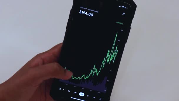 Woman Looking Ltc Months Chart Black Smartphone — Stock Video