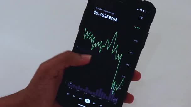 Woman Looking Xrp Day Chart Black Smartphone — Vídeo de Stock