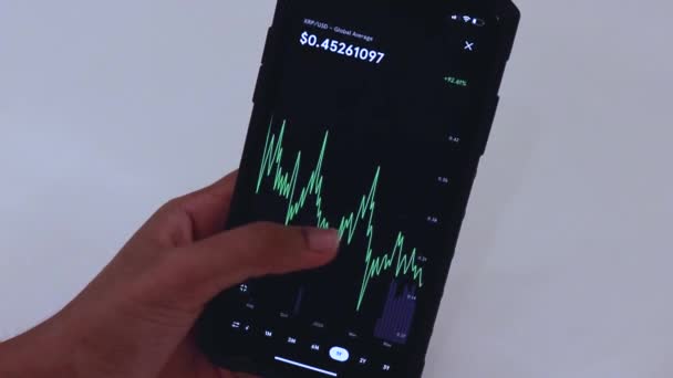 Woman Looking Xrp Year Chart Black Smartphone — Wideo stockowe