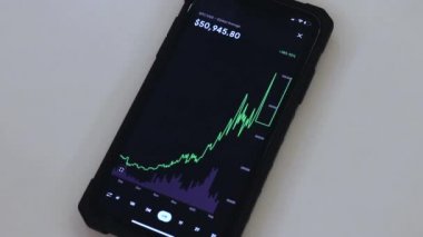 Bitcoin chart on a black phone placed on a table