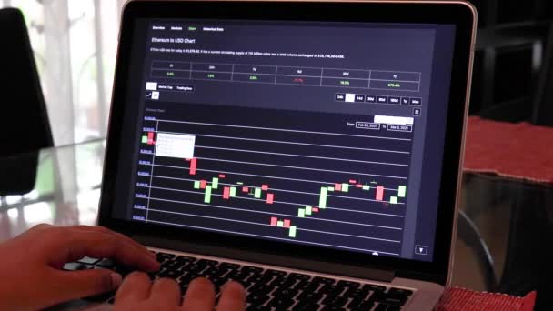 Girl Going Etherium Candle Stick Chart Laptop — Video