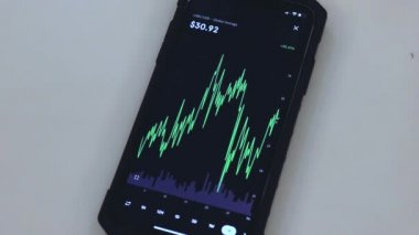 LINK 1 Month chart on a black phone placed on a table