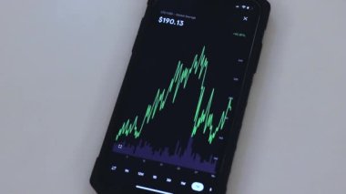 LTC 1 Month chart on a black phone placed on a table