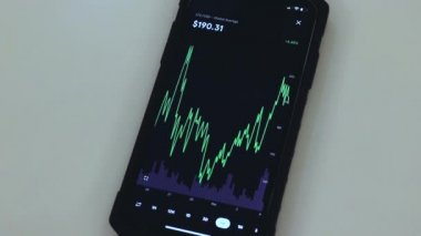 LTC 1 Week chart on a black phone placed on a table