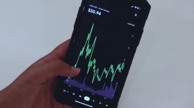 Woman looking through LINK 6 Months chart on Black smartphone