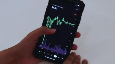 Woman looking through USDT 1 Year chart on Black smartphone