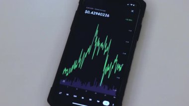 XLM 1 Month chart on a black phone placed on a table