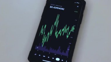 XLM 1 week chart on a black phone placed on a table