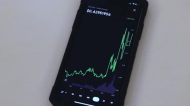 XLM 1 year chart on a black phone placed on a table