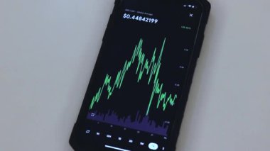 XRP 1 Month chart on a black phone placed on a table